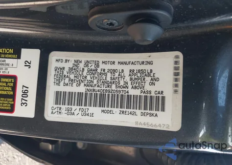2009 Toyota Corolla S z USA, uszkodzony, nr VIN 1NXBU40E89Z059704